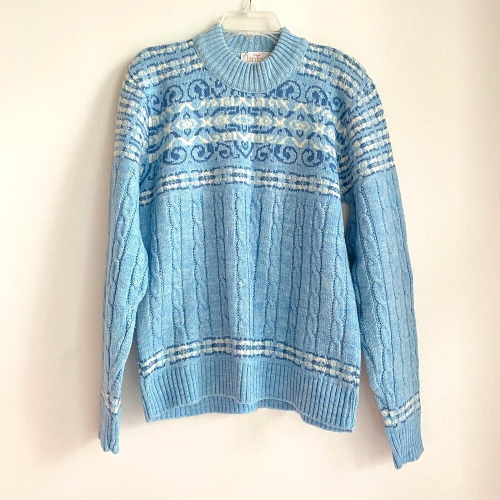 NEW Vintage Jantzen Floral Baby Blue Cable Knit Mock Neck Pullover XL